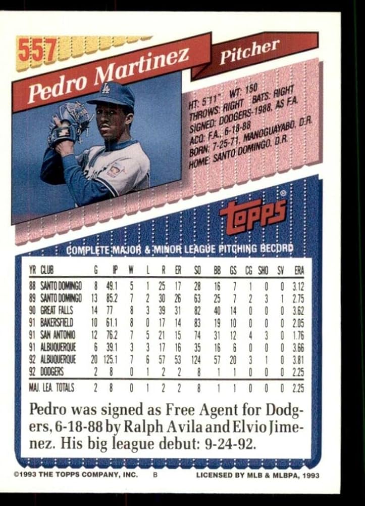 メジャーリーグ　カード　Pedro Martinez Amazon.com: Pedro Martinez 1993 Topps Baseball Card #557Â